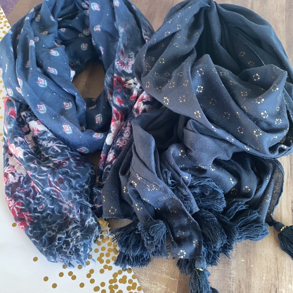 Navy Floral Gold Accent Tassel Scarf Lot